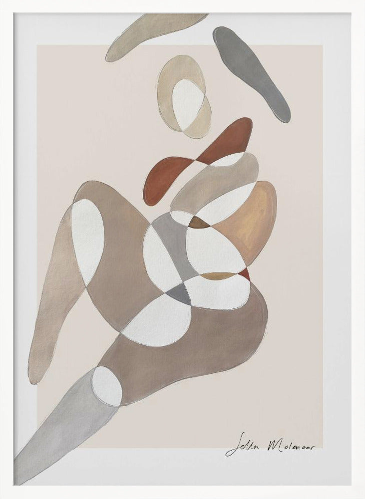 An abstract painting by Jetta Molenaar in a black frame, featuring a composition of overlapping, organic shapes in muted earth tones like brown, grey, and beige against a pale pinkish-beige background. The shapes vaguely suggest a reclining human figure. Artwork