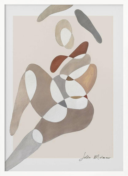 An abstract painting by Jetta Molenaar in a black frame, featuring a composition of overlapping, organic shapes in muted earth tones like brown, grey, and beige against a pale pinkish-beige background. The shapes vaguely suggest a reclining human figure. Artwork