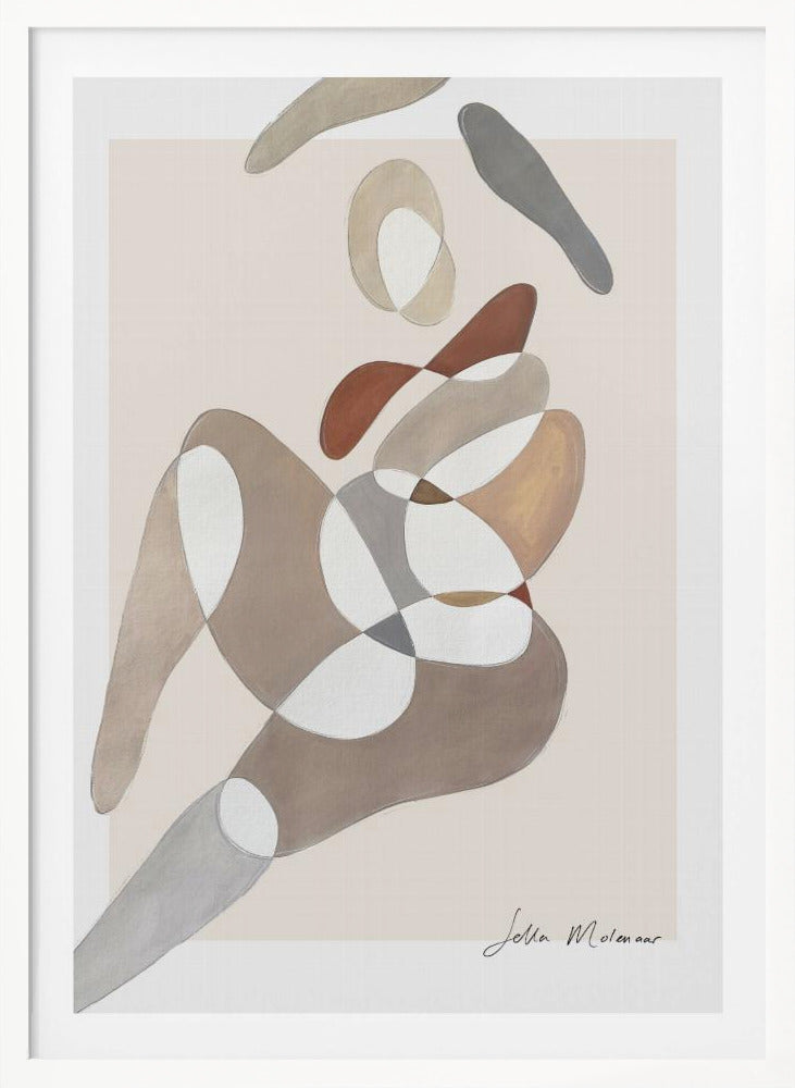 An abstract painting by Jetta Molenaar in a black frame, featuring a composition of overlapping, organic shapes in muted earth tones like brown, grey, and beige against a pale pinkish-beige background. The shapes vaguely suggest a reclining human figure. Artwork