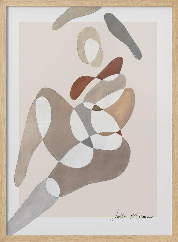 An abstract painting by Jetta Molenaar in a black frame, featuring a composition of overlapping, organic shapes in muted earth tones like brown, grey, and beige against a pale pinkish-beige background. The shapes vaguely suggest a reclining human figure. Artwork