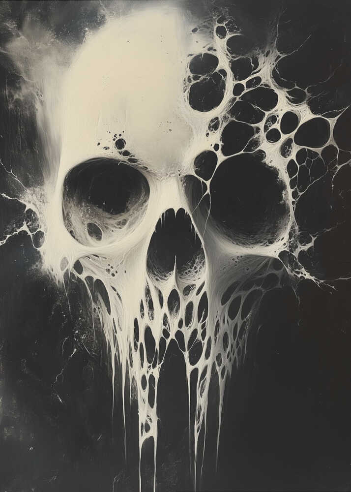 A striking black and white abstract painting of a human skull. The skull is rendered in off-white against a deep black background and appears to be dissolving or covered in a viscous, web-like substance that drips down from the jaw and spreads out from the sides. Print
