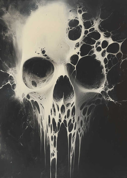 A striking black and white abstract painting of a human skull. The skull is rendered in off-white against a deep black background and appears to be dissolving or covered in a viscous, web-like substance that drips down from the jaw and spreads out from the sides. Print