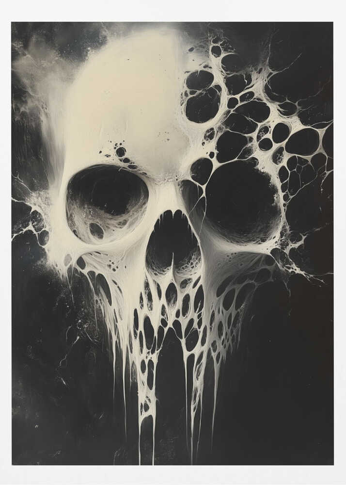 A striking black and white abstract painting of a human skull. The skull is rendered in off-white against a deep black background and appears to be dissolving or covered in a viscous, web-like substance that drips down from the jaw and spreads out from the sides. Print