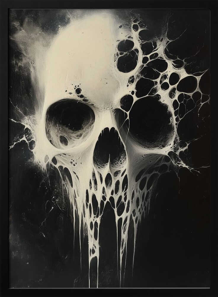 A striking black and white abstract painting of a human skull. The skull is rendered in off-white against a deep black background and appears to be dissolving or covered in a viscous, web-like substance that drips down from the jaw and spreads out from the sides. Print