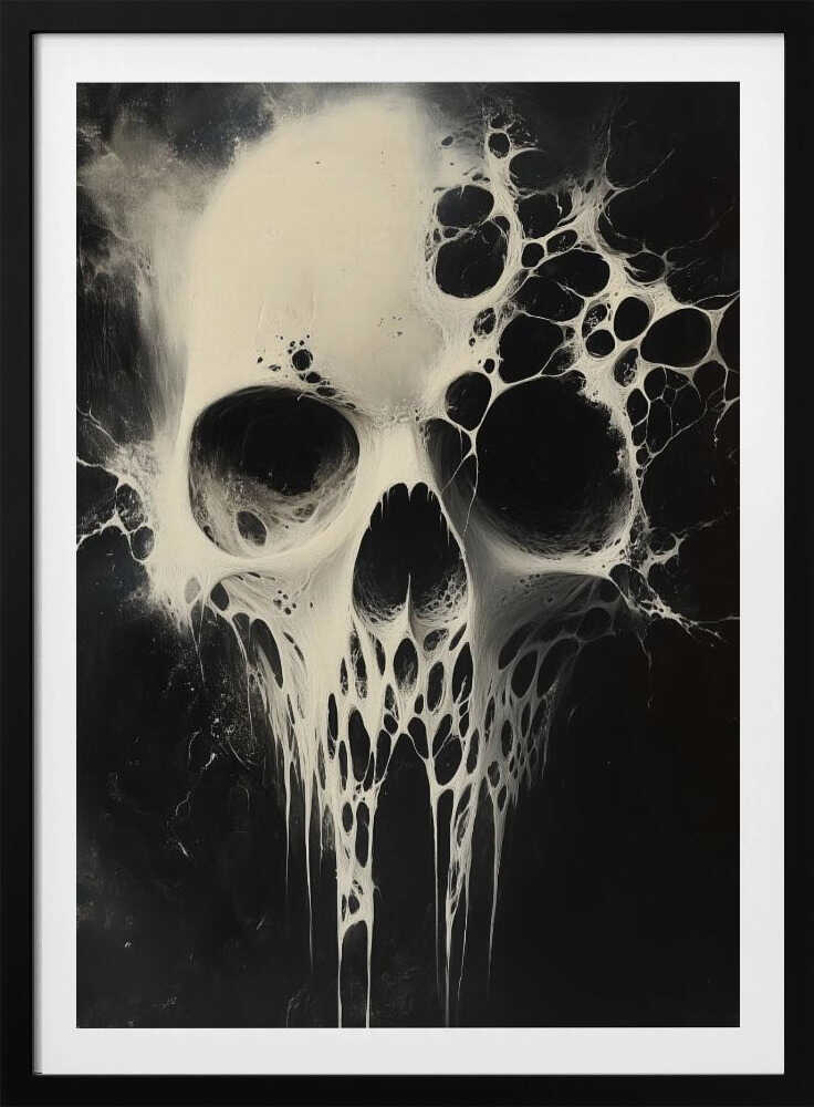 A striking black and white abstract painting of a human skull. The skull is rendered in off-white against a deep black background and appears to be dissolving or covered in a viscous, web-like substance that drips down from the jaw and spreads out from the sides. Print