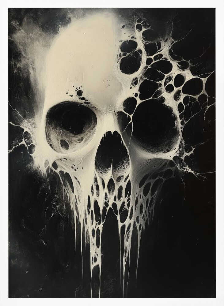 A striking black and white abstract painting of a human skull. The skull is rendered in off-white against a deep black background and appears to be dissolving or covered in a viscous, web-like substance that drips down from the jaw and spreads out from the sides. Print