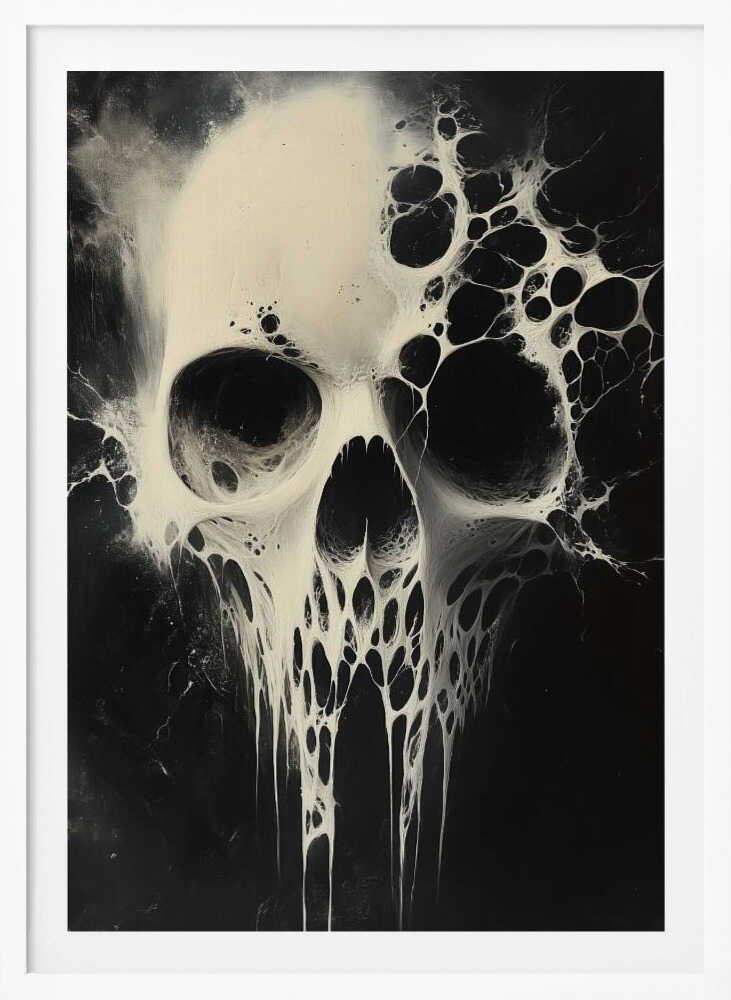 A striking black and white abstract painting of a human skull. The skull is rendered in off-white against a deep black background and appears to be dissolving or covered in a viscous, web-like substance that drips down from the jaw and spreads out from the sides. Print