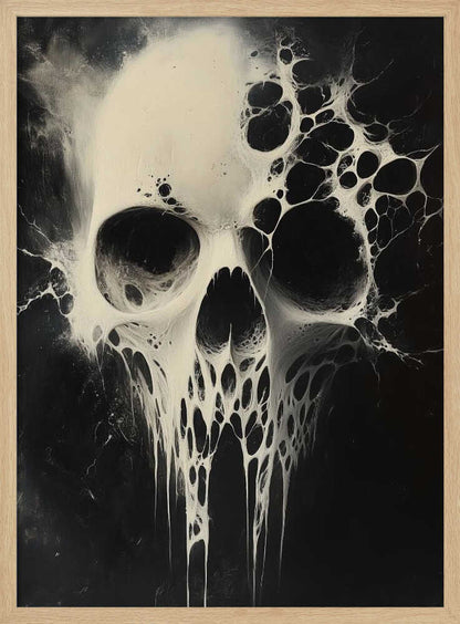 A striking black and white abstract painting of a human skull. The skull is rendered in off-white against a deep black background and appears to be dissolving or covered in a viscous, web-like substance that drips down from the jaw and spreads out from the sides. Print