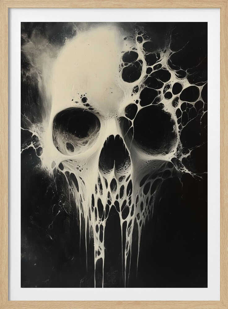 A striking black and white abstract painting of a human skull. The skull is rendered in off-white against a deep black background and appears to be dissolving or covered in a viscous, web-like substance that drips down from the jaw and spreads out from the sides. Print