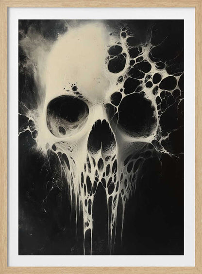 A striking black and white abstract painting of a human skull. The skull is rendered in off-white against a deep black background and appears to be dissolving or covered in a viscous, web-like substance that drips down from the jaw and spreads out from the sides. Print