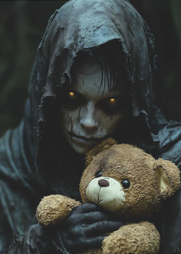 A creepy, hooded figure with glowing yellow eyes and a scarred face holds a well-loved brown teddy bear, creating a stark contrast between horror and innocence in a dark, moody setting. Wall Art
