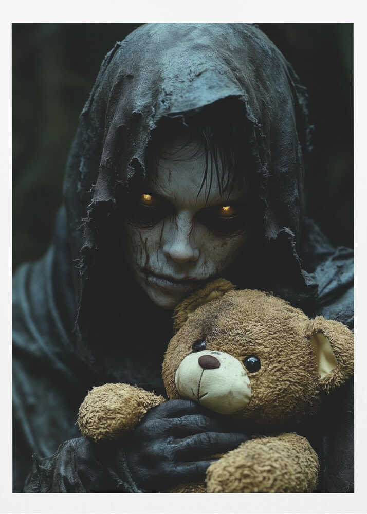 A creepy, hooded figure with glowing yellow eyes and a scarred face holds a well-loved brown teddy bear, creating a stark contrast between horror and innocence in a dark, moody setting. Wall Art