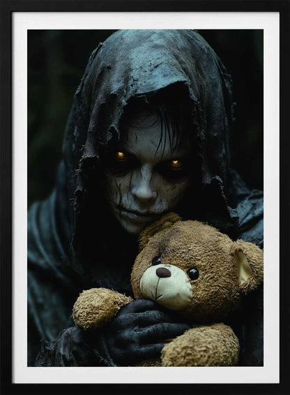 A creepy, hooded figure with glowing yellow eyes and a scarred face holds a well-loved brown teddy bear, creating a stark contrast between horror and innocence in a dark, moody setting. Wall Art