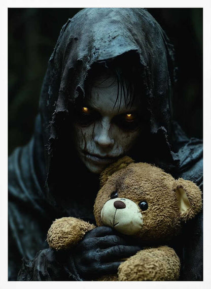 A creepy, hooded figure with glowing yellow eyes and a scarred face holds a well-loved brown teddy bear, creating a stark contrast between horror and innocence in a dark, moody setting. Wall Art