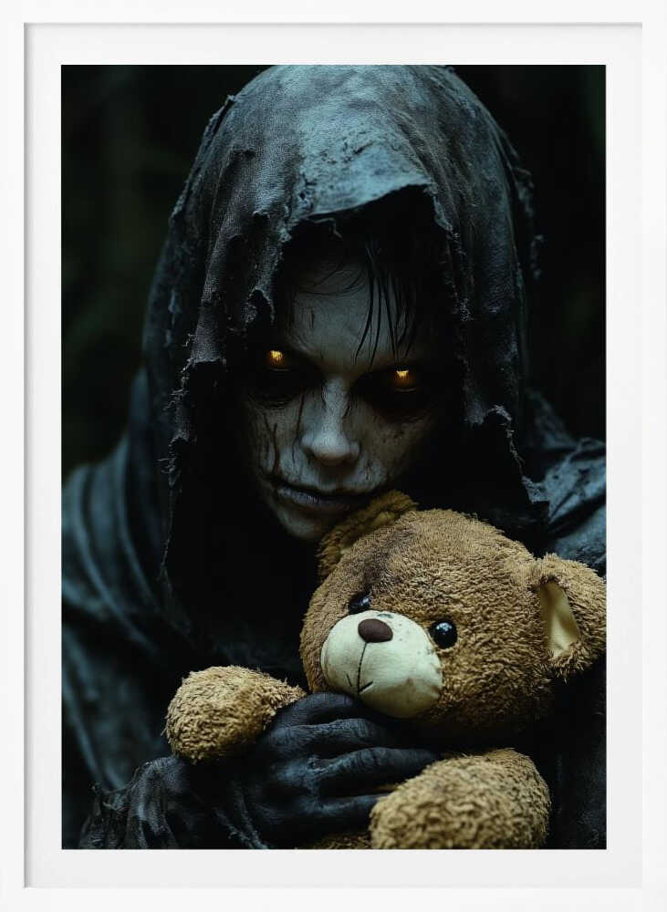 A creepy, hooded figure with glowing yellow eyes and a scarred face holds a well-loved brown teddy bear, creating a stark contrast between horror and innocence in a dark, moody setting. Wall Art