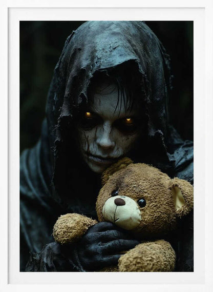 A creepy, hooded figure with glowing yellow eyes and a scarred face holds a well-loved brown teddy bear, creating a stark contrast between horror and innocence in a dark, moody setting. Wall Art