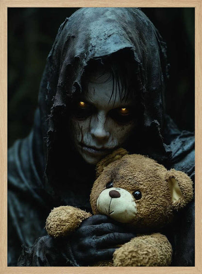 A creepy, hooded figure with glowing yellow eyes and a scarred face holds a well-loved brown teddy bear, creating a stark contrast between horror and innocence in a dark, moody setting. Wall Art
