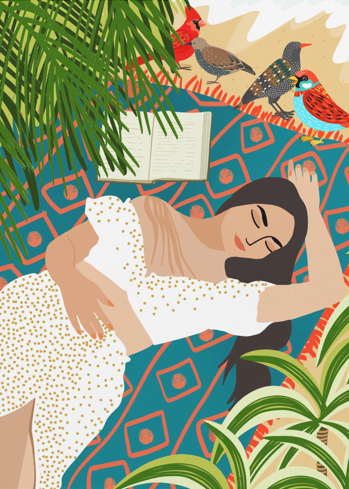 A vibrant illustration of a woman in a white dotted dress sleeping on a patterned teal and orange blanket on a beach. An open book lies beside her, while several colorful birds, including a red cardinal, stand nearby. Large green palm leaves frame the scene. Decor