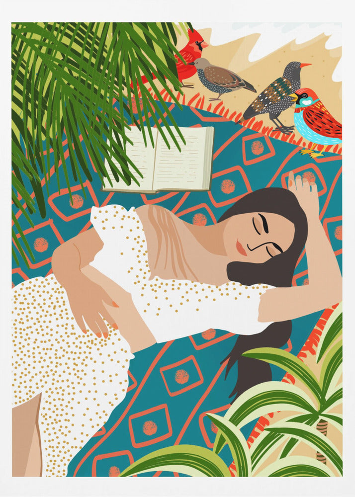 A vibrant illustration of a woman in a white dotted dress sleeping on a patterned teal and orange blanket on a beach. An open book lies beside her, while several colorful birds, including a red cardinal, stand nearby. Large green palm leaves frame the scene. Decor