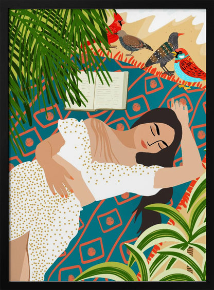A vibrant illustration of a woman in a white dotted dress sleeping on a patterned teal and orange blanket on a beach. An open book lies beside her, while several colorful birds, including a red cardinal, stand nearby. Large green palm leaves frame the scene. Decor