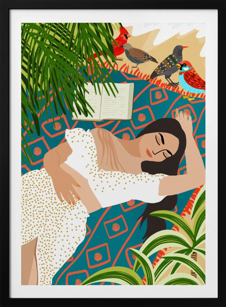 A vibrant illustration of a woman in a white dotted dress sleeping on a patterned teal and orange blanket on a beach. An open book lies beside her, while several colorful birds, including a red cardinal, stand nearby. Large green palm leaves frame the scene. Decor