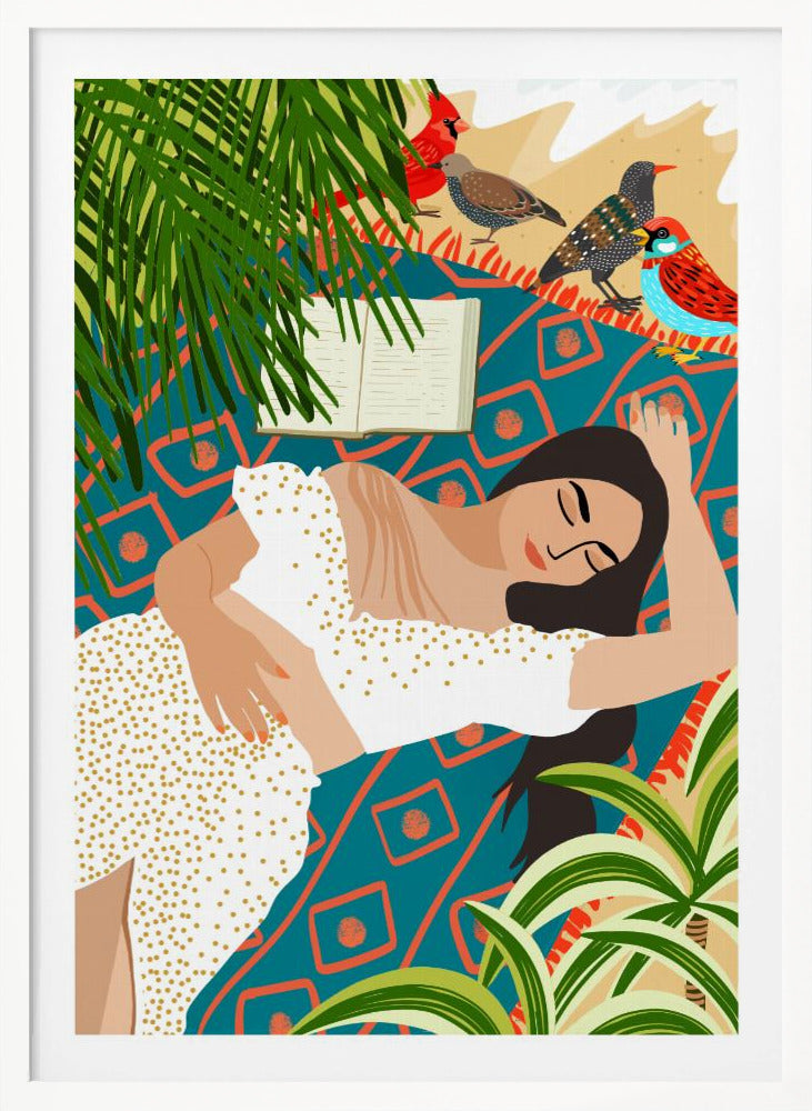 A vibrant illustration of a woman in a white dotted dress sleeping on a patterned teal and orange blanket on a beach. An open book lies beside her, while several colorful birds, including a red cardinal, stand nearby. Large green palm leaves frame the scene. Decor