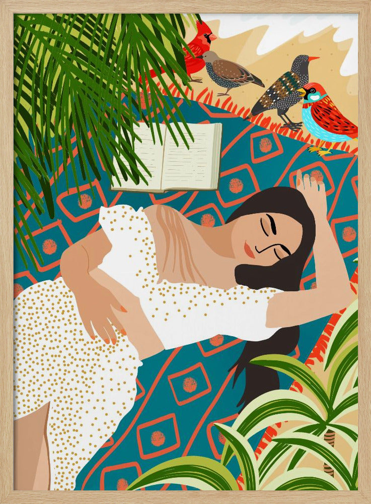 A vibrant illustration of a woman in a white dotted dress sleeping on a patterned teal and orange blanket on a beach. An open book lies beside her, while several colorful birds, including a red cardinal, stand nearby. Large green palm leaves frame the scene. Decor