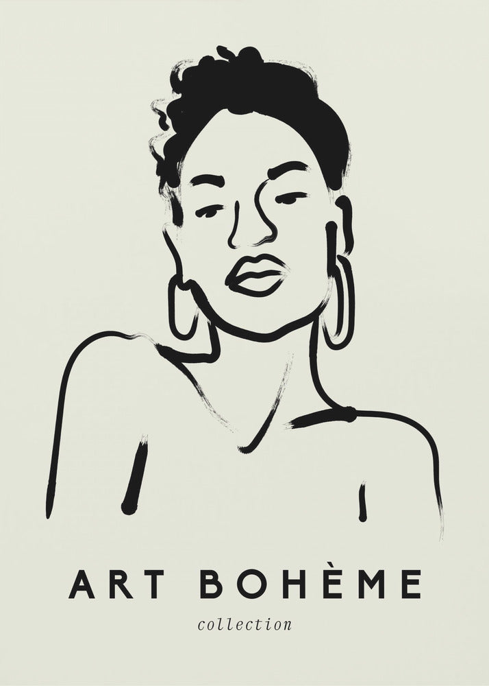 A framed minimalist art print featuring a black ink line drawing of a woman with curly hair and hoop earrings on a beige background. The text 'ART BOHÈME collection' is printed below the portrait. Poster