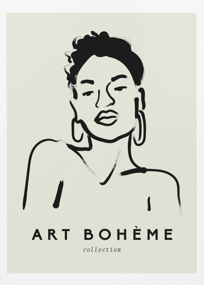 A framed minimalist art print featuring a black ink line drawing of a woman with curly hair and hoop earrings on a beige background. The text 'ART BOHÈME collection' is printed below the portrait. Poster