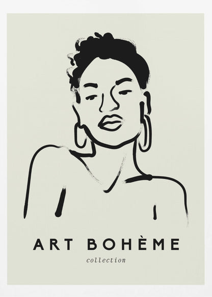 A framed minimalist art print featuring a black ink line drawing of a woman with curly hair and hoop earrings on a beige background. The text 'ART BOHÈME collection' is printed below the portrait. Poster