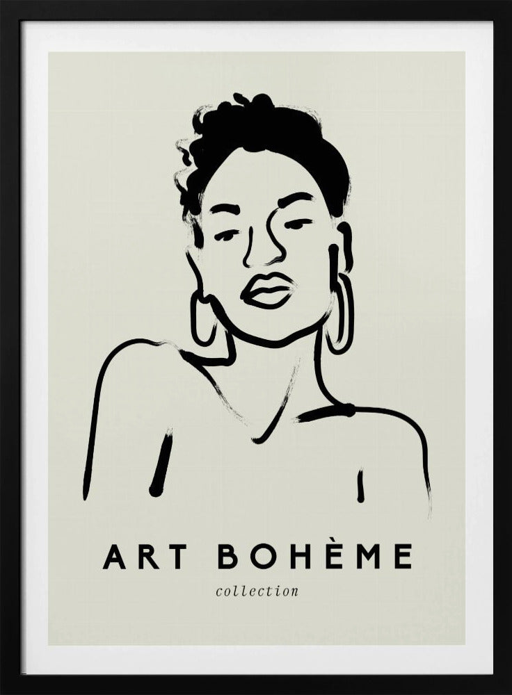 A framed minimalist art print featuring a black ink line drawing of a woman with curly hair and hoop earrings on a beige background. The text 'ART BOHÈME collection' is printed below the portrait. Poster