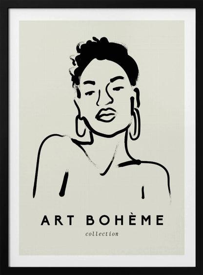 A framed minimalist art print featuring a black ink line drawing of a woman with curly hair and hoop earrings on a beige background. The text 'ART BOHÈME collection' is printed below the portrait. Poster