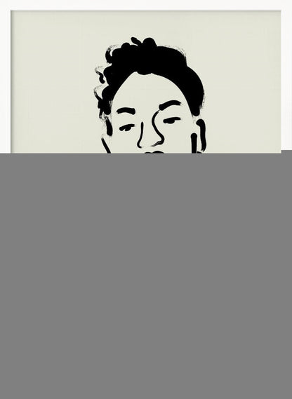 A framed minimalist art print featuring a black ink line drawing of a woman with curly hair and hoop earrings on a beige background. The text 'ART BOHÈME collection' is printed below the portrait. Poster
