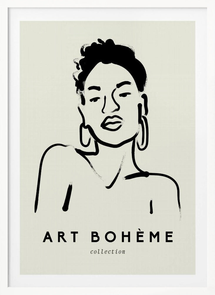 A framed minimalist art print featuring a black ink line drawing of a woman with curly hair and hoop earrings on a beige background. The text 'ART BOHÈME collection' is printed below the portrait. Poster