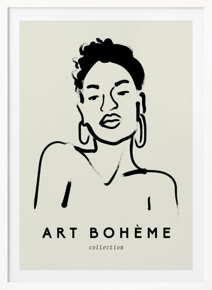 A framed minimalist art print featuring a black ink line drawing of a woman with curly hair and hoop earrings on a beige background. The text 'ART BOHÈME collection' is printed below the portrait. Poster