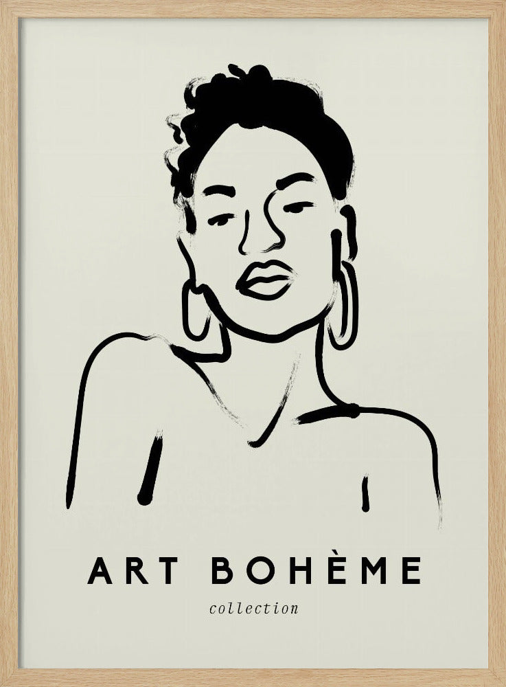 A framed minimalist art print featuring a black ink line drawing of a woman with curly hair and hoop earrings on a beige background. The text 'ART BOHÈME collection' is printed below the portrait. Poster