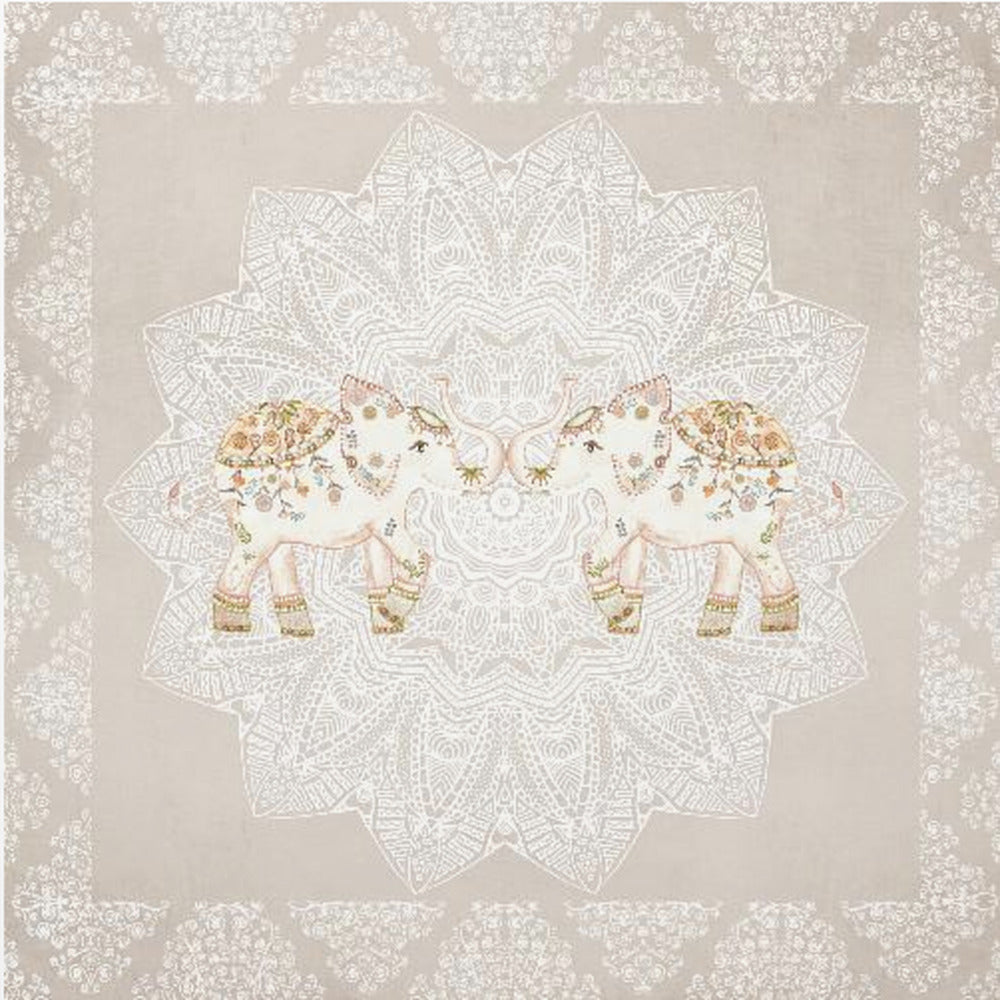 A framed artwork depicting two small, ornate elephants facing each other in the center, their trunks touching. They are decorated with colorful floral patterns and stand against a large, intricate white mandala on a light beige background. The piece is bordered with a white pattern and set in a light wood frame. Wall Art