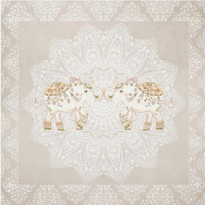 A framed artwork depicting two small, ornate elephants facing each other in the center, their trunks touching. They are decorated with colorful floral patterns and stand against a large, intricate white mandala on a light beige background. The piece is bordered with a white pattern and set in a light wood frame. Wall Art