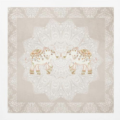 A framed artwork depicting two small, ornate elephants facing each other in the center, their trunks touching. They are decorated with colorful floral patterns and stand against a large, intricate white mandala on a light beige background. The piece is bordered with a white pattern and set in a light wood frame. Wall Art