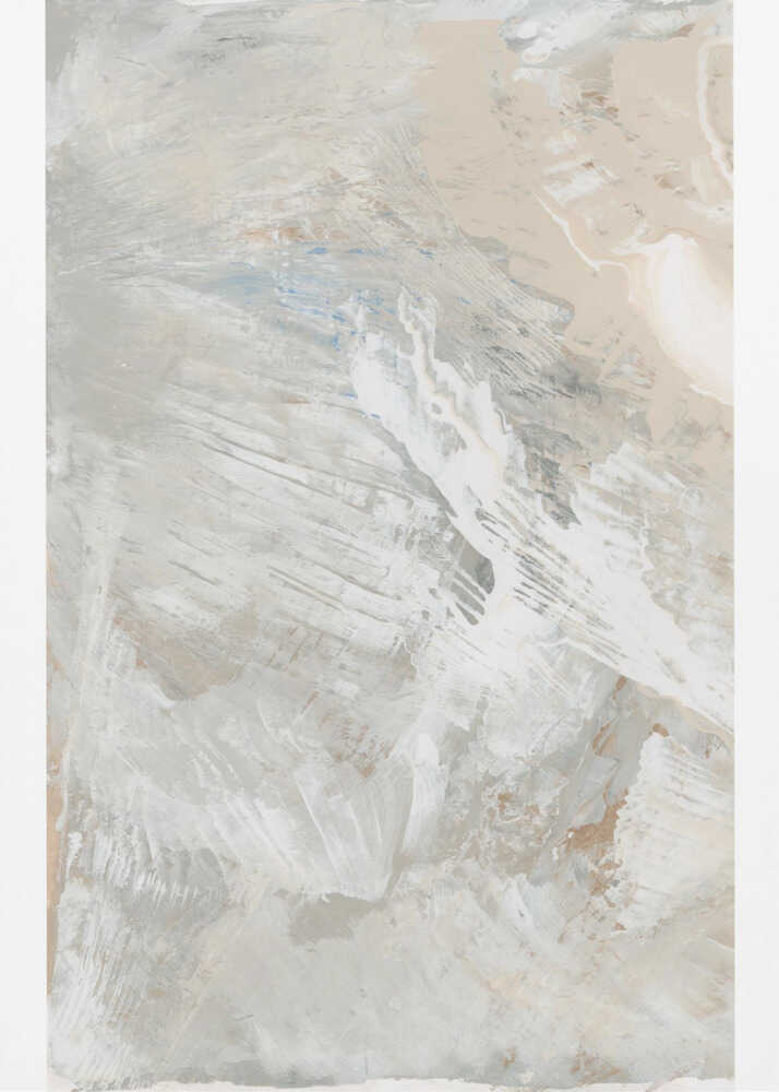 Abstract painting with dynamic brushstrokes in soft, neutral tones of grey, beige, and white. Modern textured wall art.