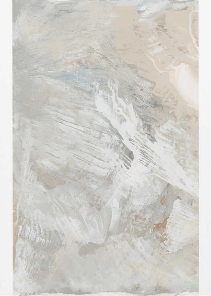 Abstract painting with dynamic brushstrokes in soft, neutral tones of grey, beige, and white. Modern textured wall art.