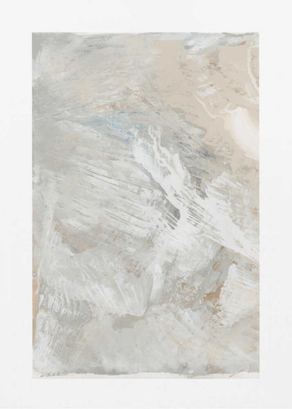 Abstract painting with dynamic brushstrokes in soft, neutral tones of grey, beige, and white. Modern textured wall art.