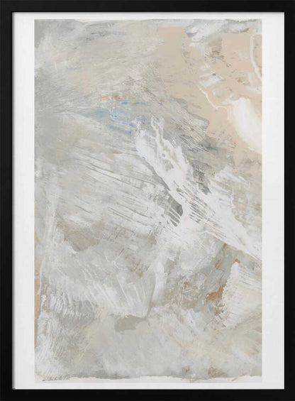 Abstract painting with dynamic brushstrokes in soft, neutral tones of grey, beige, and white. Modern textured wall art.