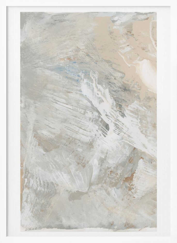 Abstract painting with dynamic brushstrokes in soft, neutral tones of grey, beige, and white. Modern textured wall art.