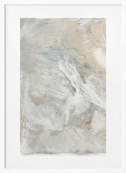 Abstract painting with dynamic brushstrokes in soft, neutral tones of grey, beige, and white. Modern textured wall art.