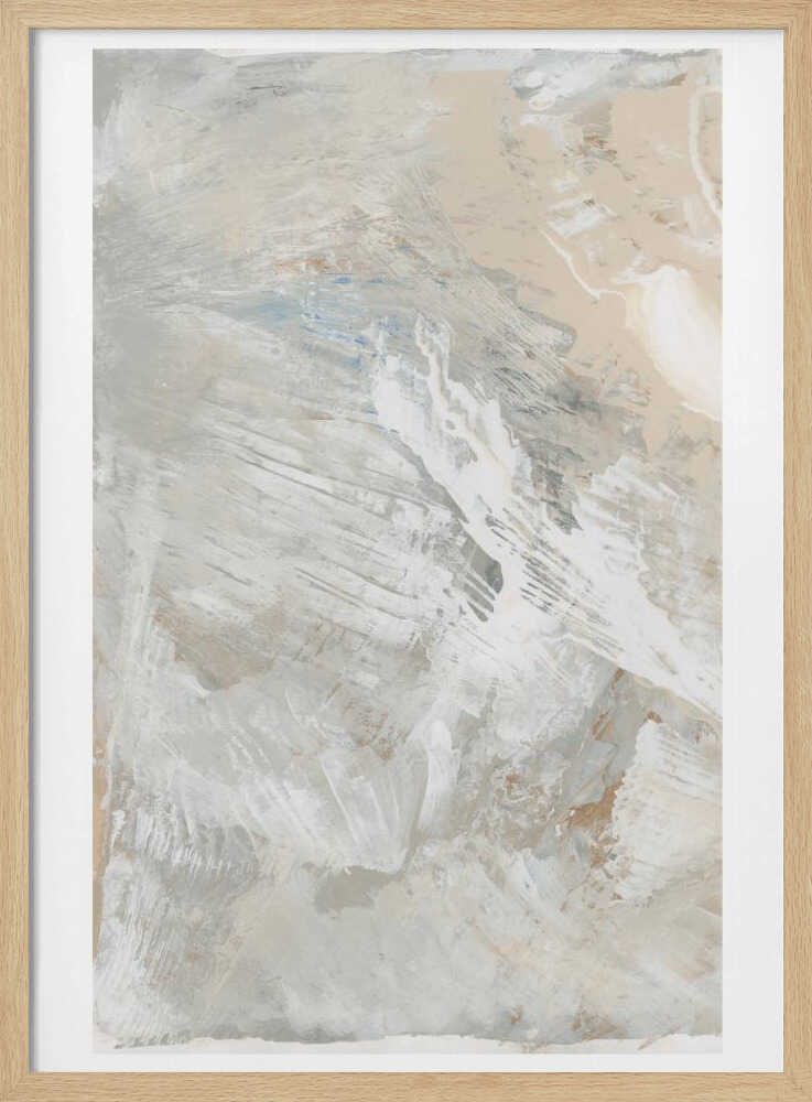 Abstract painting with dynamic brushstrokes in soft, neutral tones of grey, beige, and white. Modern textured wall art.