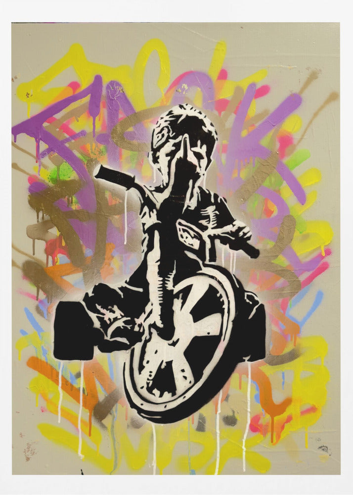 A framed street art piece featuring a black and white stencil of a rebellious child on a tricycle giving the middle finger, set against a vibrant, multi-colored graffiti background with paint drips. Artwork