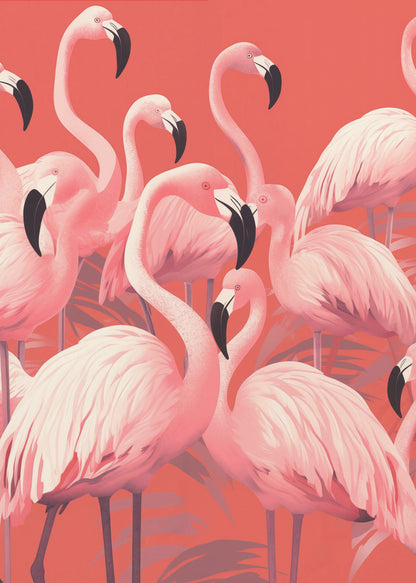 A vibrant, stylized art print featuring a dense flock of pink flamingos with black-tipped beaks against a solid coral background, framed in black. Artwork