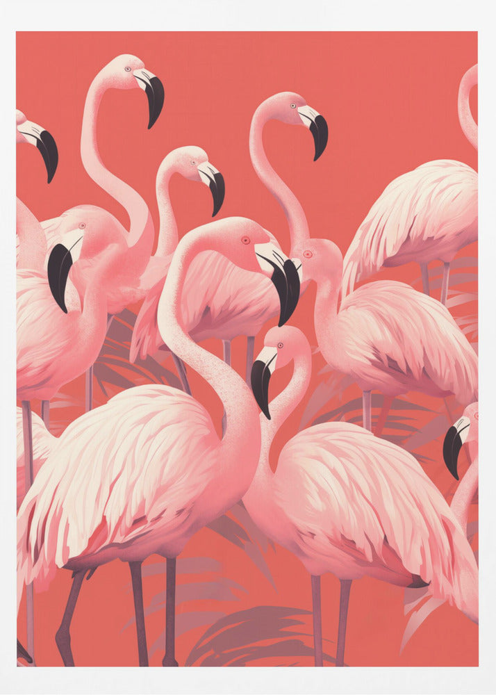 A vibrant, stylized art print featuring a dense flock of pink flamingos with black-tipped beaks against a solid coral background, framed in black. Artwork