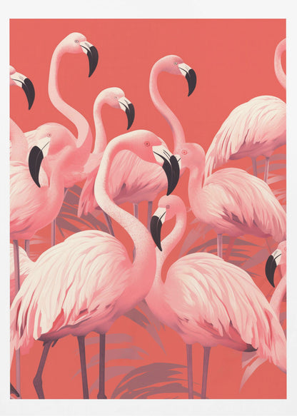 A vibrant, stylized art print featuring a dense flock of pink flamingos with black-tipped beaks against a solid coral background, framed in black. Artwork